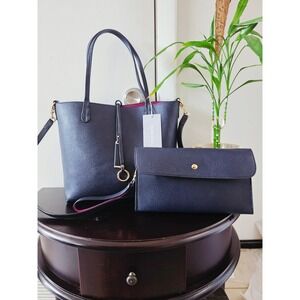 Kris-Ana Reversible Tote Bag and Crossbody Clutch Set Navy Blue Fuchsia Pink NEW